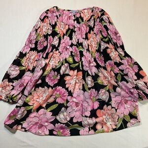 Floral & Ivy Blak/Pink Women's Blouse, Floral Print, Size M Bell Sleeves
